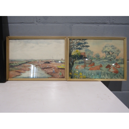 1090 - PHYLLIS HOLE: Two framed watercolours, one coastal and one fram scene, 25cm x 35cm