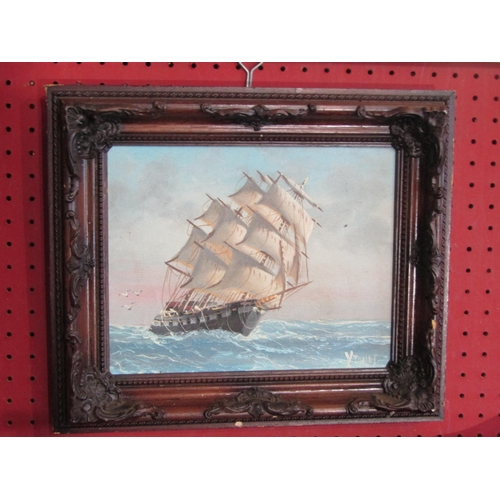 1080 - A pair of oils on canvas depicting ships at sea, one signed Hudson, framed, each 19cm x 24cm image s... 