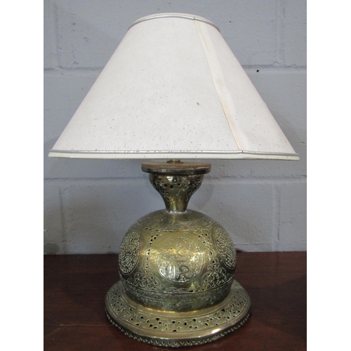 1092 - A Persian pierced brass bowl converted to a table lamp