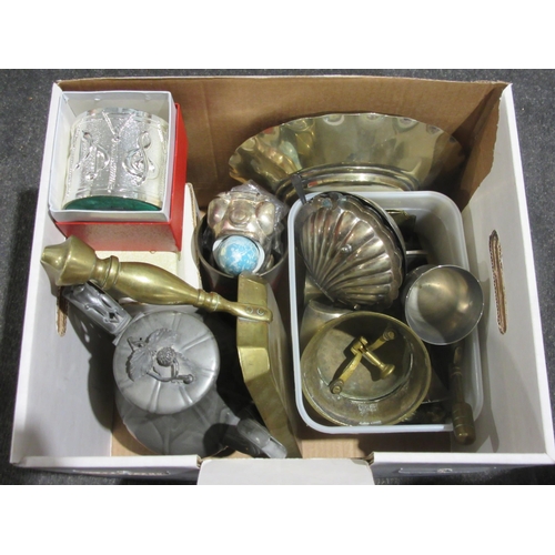 1431 - A box of metal wares to include silver plated, pewter, brass etc.