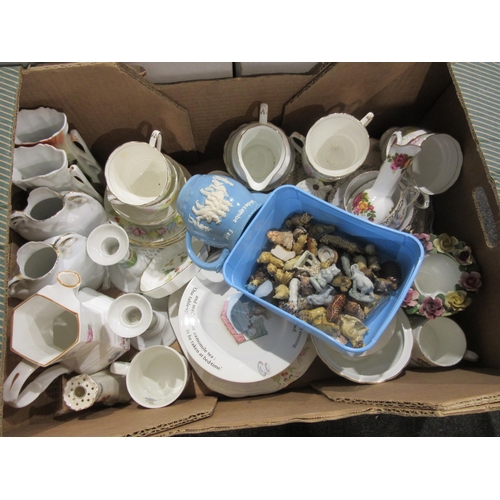 1432 - Three boxes of china and glassware inc. Meissen onion dishes (a/f), Wedgwood Peter Rabbit, Wade whim... 