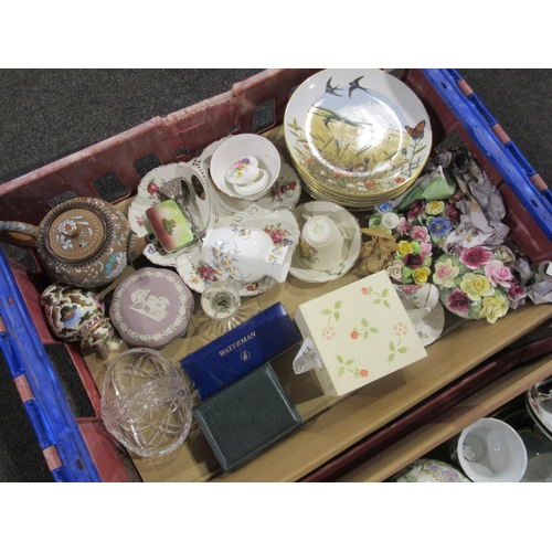 1434 - Two boxes of mixed ceramics, metal and glass ware to include Doulton Slater teapot, Waterman pen, et... 