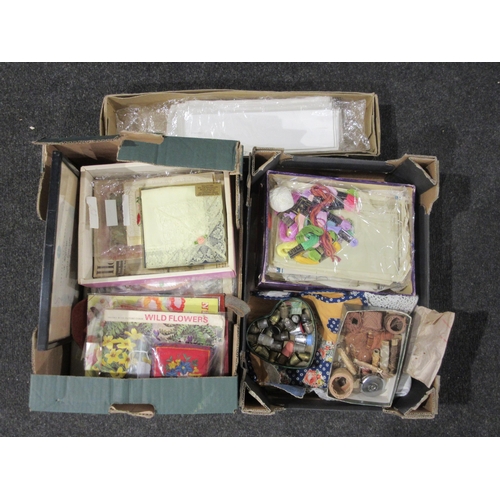 1437 - Two boxes containing mostly sewing related items and ephemera including thimbles, lace, dress patter... 