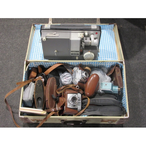 1440 - A box and a suitcase of assorted cameras including Canon EOS 650, Beirette Junior II, Agfamatic 6008... 