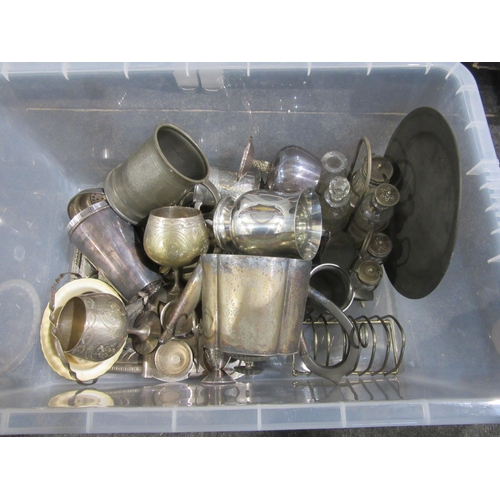 1446 - A box containing metal wares including pewter dish and tankard, cruet sets, beaker etc.