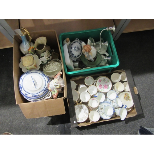 1447 - Three boxes of assorted ceramics including part tea sets, dinner wares, Susie Cooper jug and plated ... 