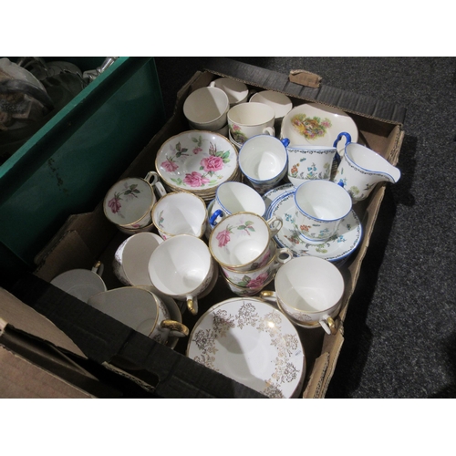 1447 - Three boxes of assorted ceramics including part tea sets, dinner wares, Susie Cooper jug and plated ... 