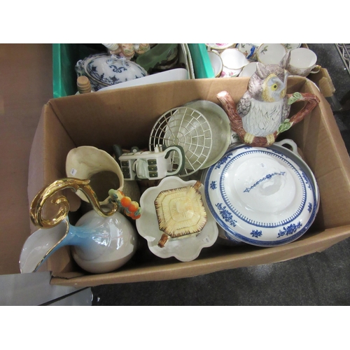 1447 - Three boxes of assorted ceramics including part tea sets, dinner wares, Susie Cooper jug and plated ... 