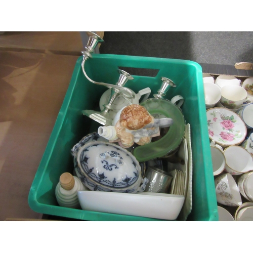 1447 - Three boxes of assorted ceramics including part tea sets, dinner wares, Susie Cooper jug and plated ... 