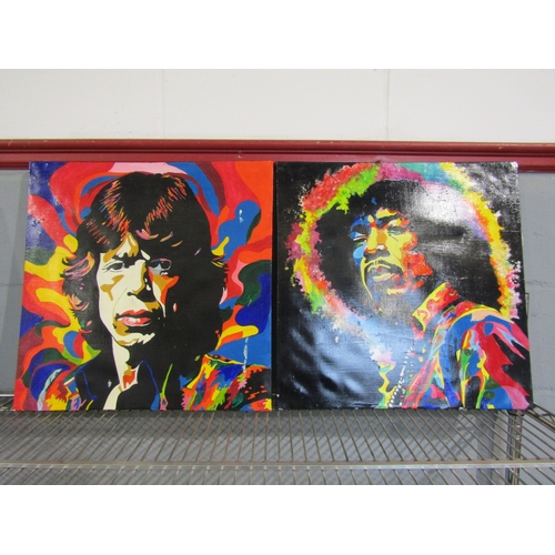 1380 - A pair of mixed media images depicting Jimmy Hendrix and Mick Jagger, 47cm x 47cm each