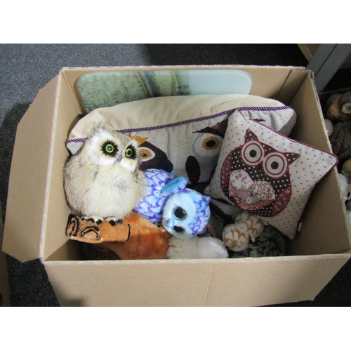 1407 - Three boxes containing a large quantity of owl figures and related items including lamp, mugs, soft ... 