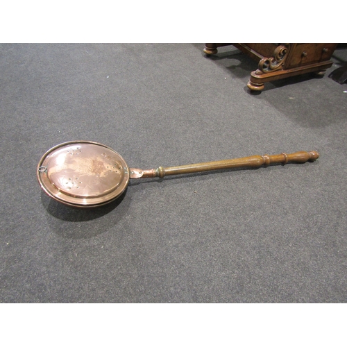 1449 - A copper bed warming pan, four jelly moulds and pan etc.