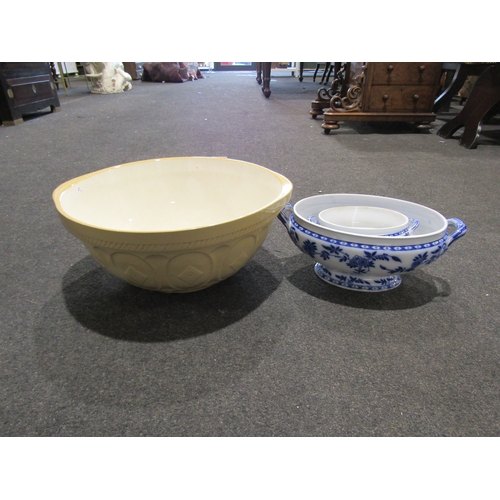 1451 - A large T.G. Green cream glazed mixing bowl and two Mintons blue and white tureen bases (3)