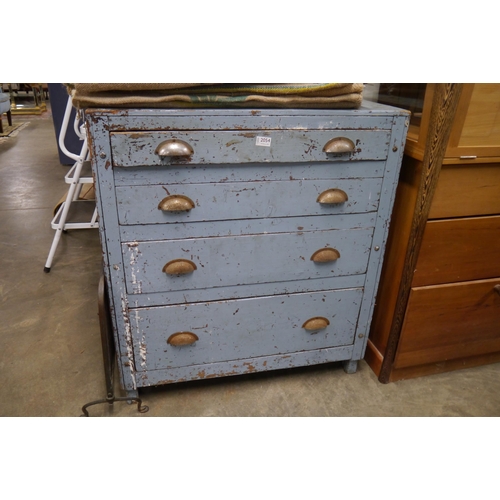 2054 - A rustic blue painted set of workshop drawers with fitted interiors to the four drawers, H93cm D51cm... 