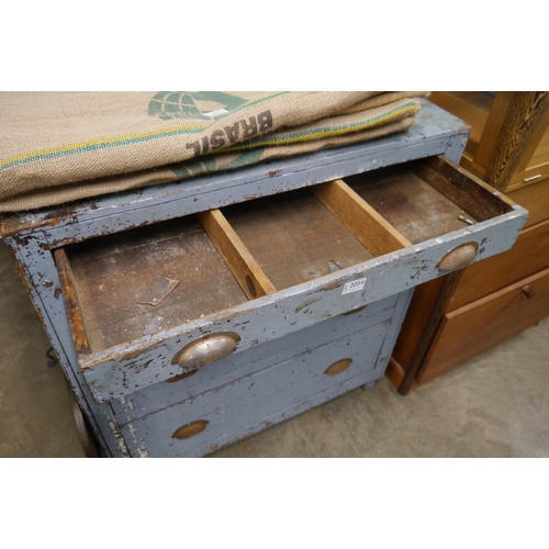 2054 - A rustic blue painted set of workshop drawers with fitted interiors to the four drawers, H93cm D51cm... 