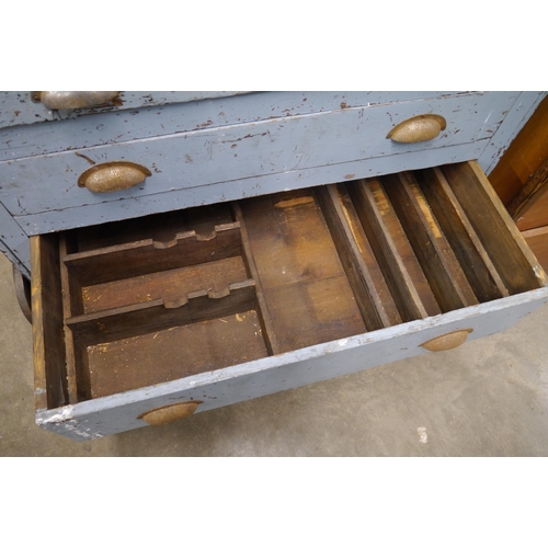 2054 - A rustic blue painted set of workshop drawers with fitted interiors to the four drawers, H93cm D51cm... 