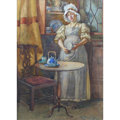 4056 - ROBERT PAYTON REID ARSA (1859-1945): A framed and glazed watercolour - 'The Pantry Maid'. Signed bot... 