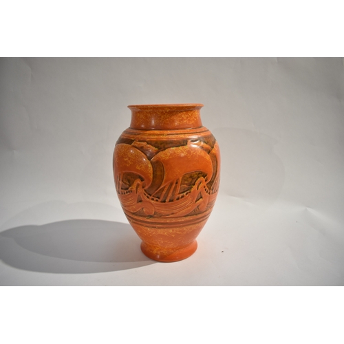 4349 - A Pilkington Royal Lancastrian Galleon vase, relief moulded mottled orange glaze, 23.5cm tall, top d... 