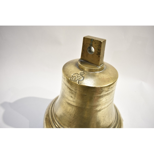 4292 - A George VI polished bronze bell with clanger, approx 28cm tall, 24.5cm diameter base