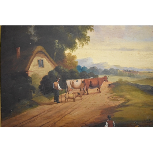 4204 - A 19th Century English School rural landscape depicting farmer with sheep and cattle, gilt framed, 4... 