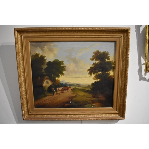 4204 - A 19th Century English School rural landscape depicting farmer with sheep and cattle, gilt framed, 4... 