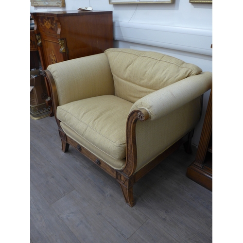 4208 - A French oak scroll armchair with feather cushions, 76cm x 103cm x 79cm deep