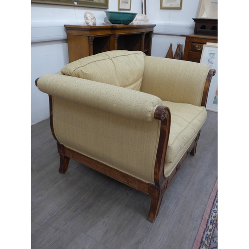 4208 - A French oak scroll armchair with feather cushions, 76cm x 103cm x 79cm deep