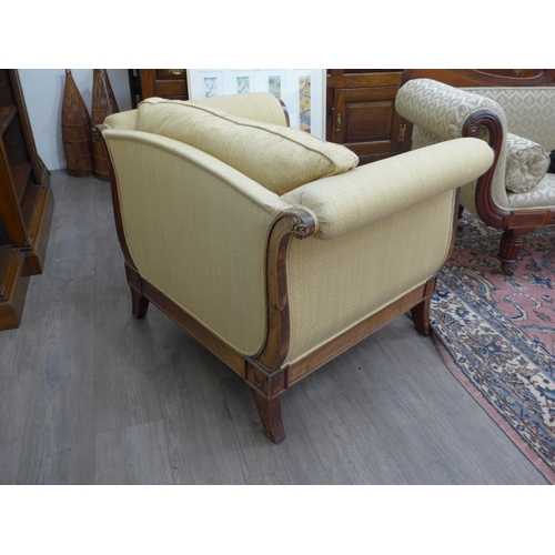 4208 - A French oak scroll armchair with feather cushions, 76cm x 103cm x 79cm deep