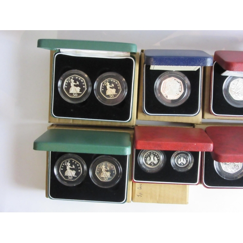 4413 - Ten cased and boxed Royal mint silver proof coin sets from 5p, two coin sets 10p, 50p and commemorat... 