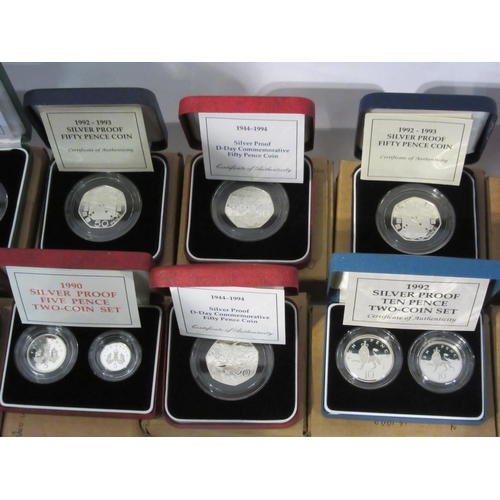 4413 - Ten cased and boxed Royal mint silver proof coin sets from 5p, two coin sets 10p, 50p and commemorat... 