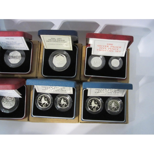 4413 - Ten cased and boxed Royal mint silver proof coin sets from 5p, two coin sets 10p, 50p and commemorat... 