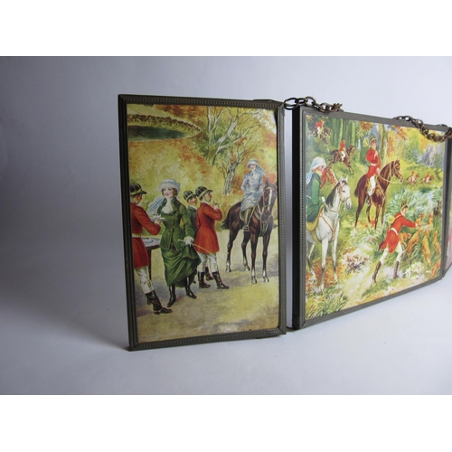 4421 - A vintage French triptych mirror decorated with hunting scenes, mirrors 19.5cm x 14cm (main), 9cm x ... 