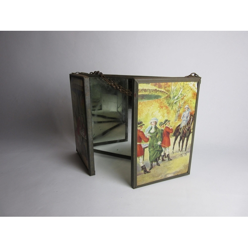 4421 - A vintage French triptych mirror decorated with hunting scenes, mirrors 19.5cm x 14cm (main), 9cm x ... 