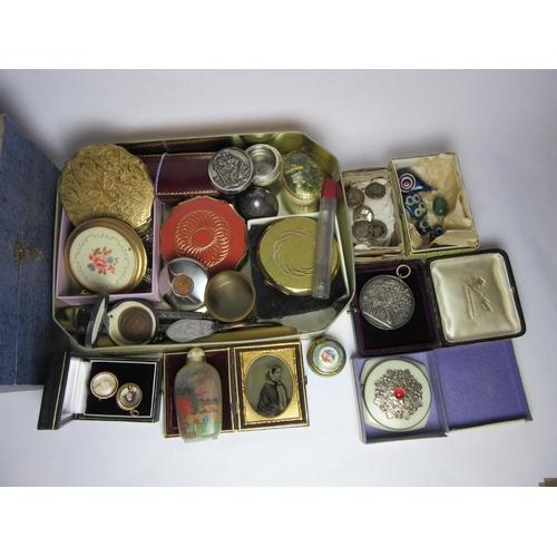 4444 - A tin and box containing costume jewellery, compacts, trinket pots, ring marked 925 etc.