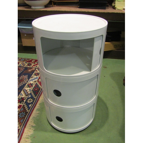 4003 - A modern white plastic drum form three drawer bedside cabinet, 59cm tall x 32cm diameter