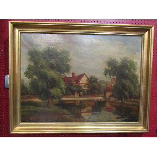 4033 - RICHARD MALLET: An oil on canvas depicting dwelling by pond, signed bottom right, gilt framed, 50cm ... 