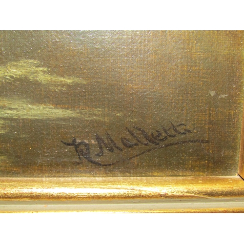 4033 - RICHARD MALLET: An oil on canvas depicting dwelling by pond, signed bottom right, gilt framed, 50cm ... 