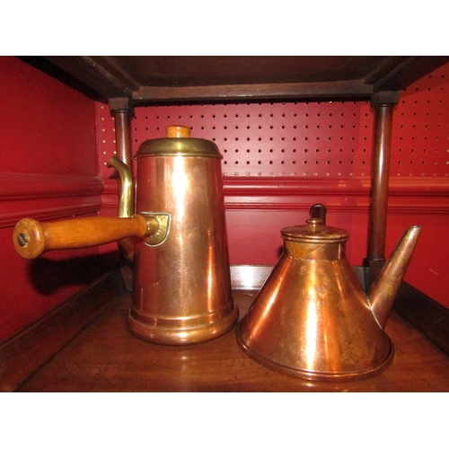 4114 - Two vintage French chocolate pots, one in copper with brass spout/lid and wooden handle, height 22cm... 