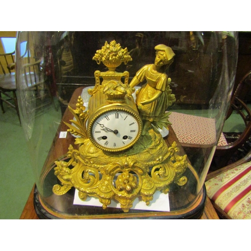 4124 - A mid-19th Century gilt metal mantel clock, white Roman enamel dial with moon phase hands, scroll de... 