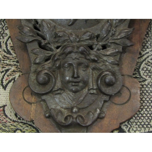 4271 - An antique French wall mounted flower holder in wood with decorative metal frontpiece, 37cm x 28cm