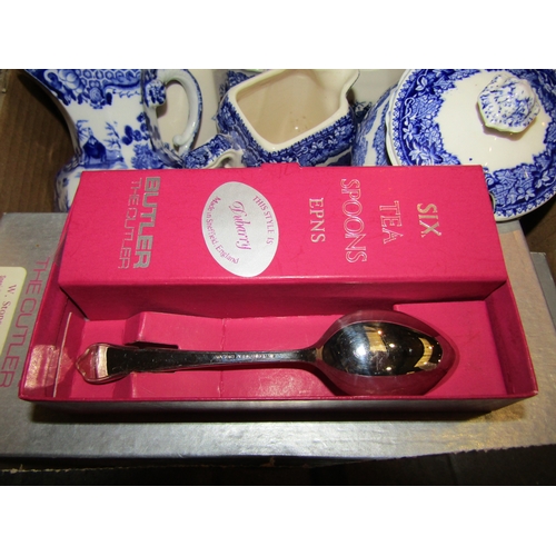 4304 - Two boxes of blue and white pottery together with boxed cutlery