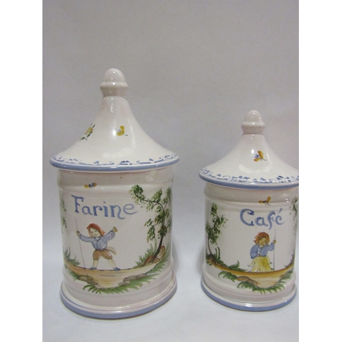 4312 - French Fience De Moustiers set of five kitchen canisters, tallest 22cm, one slight chip