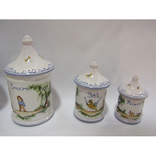 4312 - French Fience De Moustiers set of five kitchen canisters, tallest 22cm, one slight chip