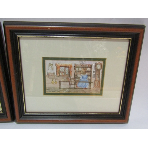 4320 - ROBIN MULLEN: A pair of framed ink and watercolour of mice in country kitchens, 9cm x 13cm