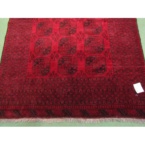 4557 - An Afghan wool carpet, red and black, tasselled fringe, approximately 2m x 3m