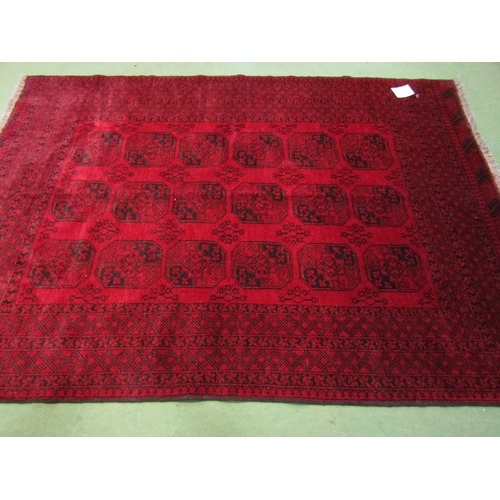 4557 - An Afghan wool carpet, red and black, tasselled fringe, approximately 2m x 3m