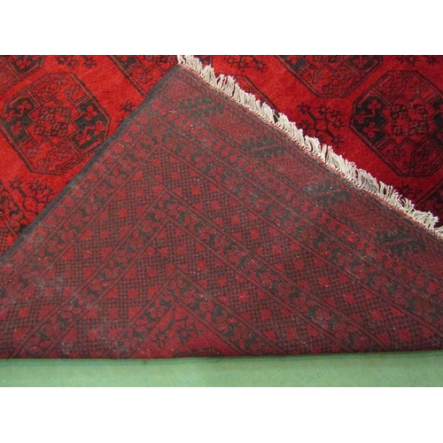 4557 - An Afghan wool carpet, red and black, tasselled fringe, approximately 2m x 3m