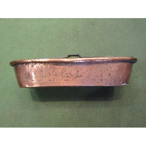 4086 - A French engraved copper planter with wrought iron handle, 55cm x 23cm x 11cm