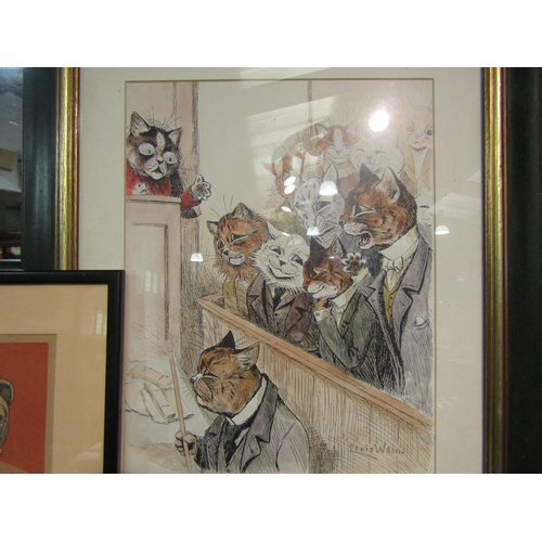 4353 - A Louis Wain print of courtroom scene, together with a coloured etching entitled 