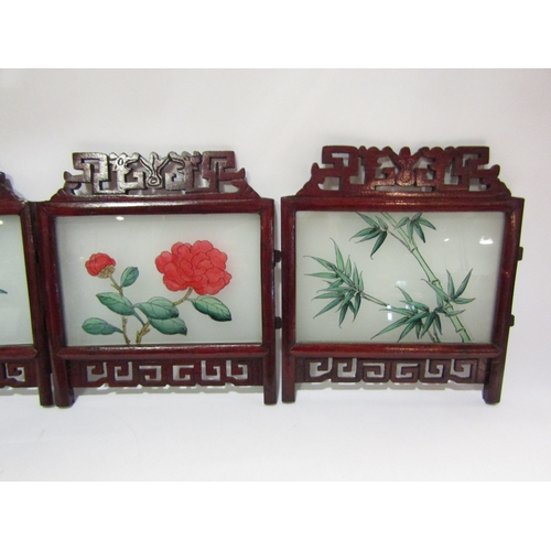 4360 - Six vintage glass panels painted with flora (one broken), 15.5cm x 11cm, in Oriental style fretwork ... 